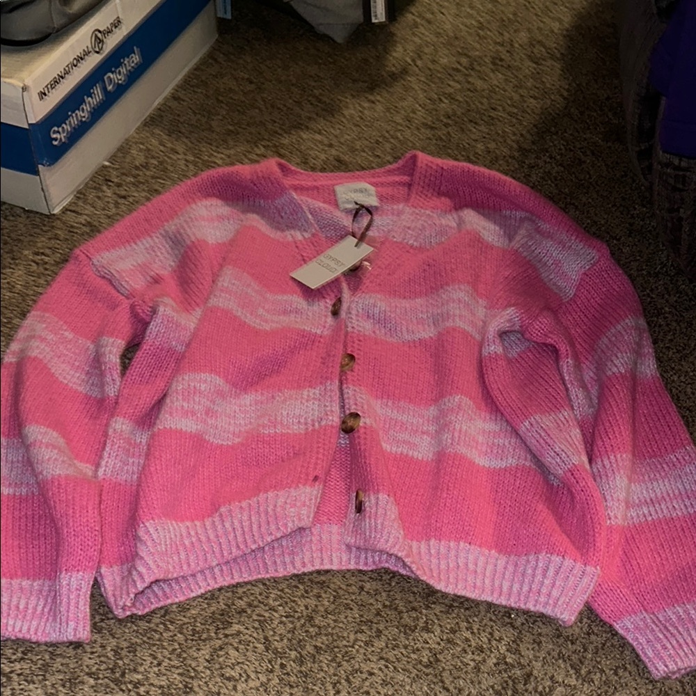 Pink Ombré Cardigan Sweater with Ribbed Trim